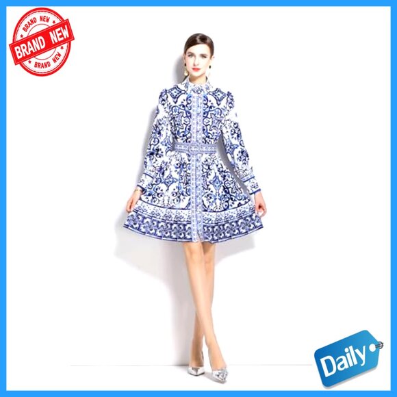 Floral Print Button Up Long Sleeve Mini Dress with Belt Casual A-Line Chic - Picture 4 of 6